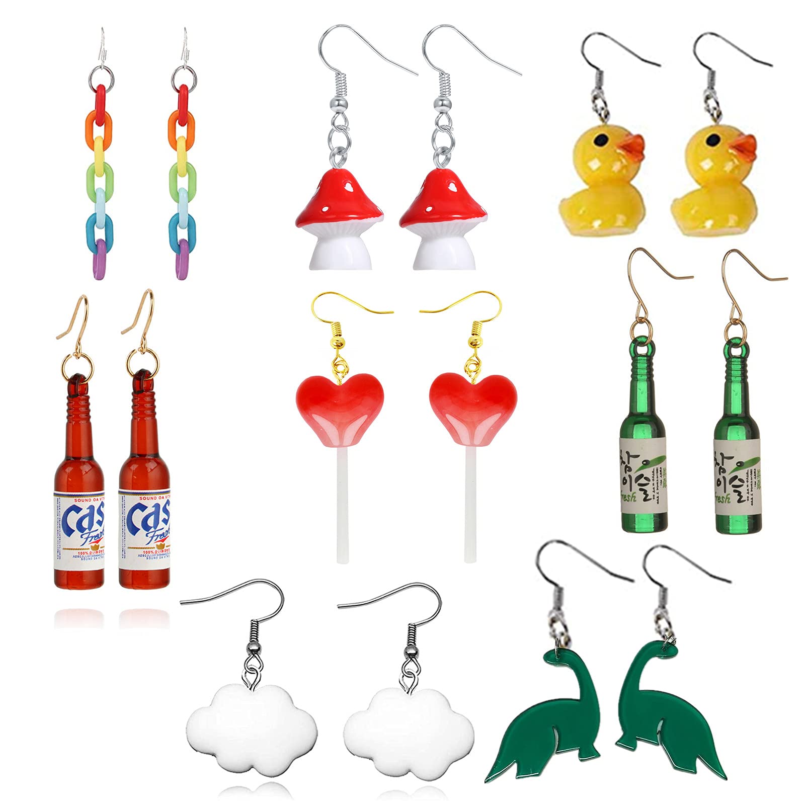 XHBTS 8 Pairs Cute Weird Earrings Funny Mushroom Lollipop Duck Wine Bottle Dinosaur Clouds Rainbow Resin Dangle Drop Earrings for Women Girls