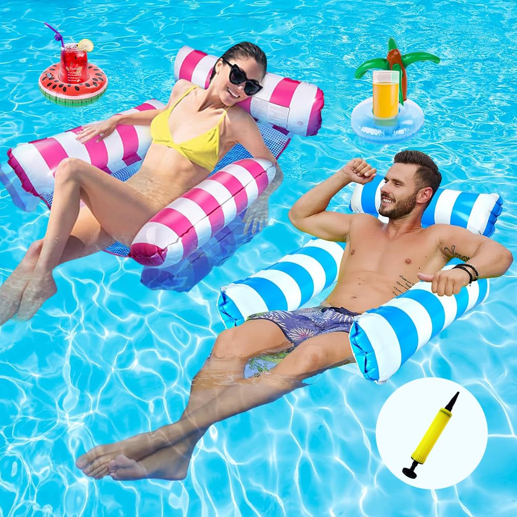 2 Pack Lilo Pool Inflatables，4 in 1 Water Hammock With 2 Drink Holders and 1 Air Pump, Cool Mesh Adult Swimming Floats Pool Toys Sofa Lounger Chair Seat Mattress for Lazy River Beach for Adults