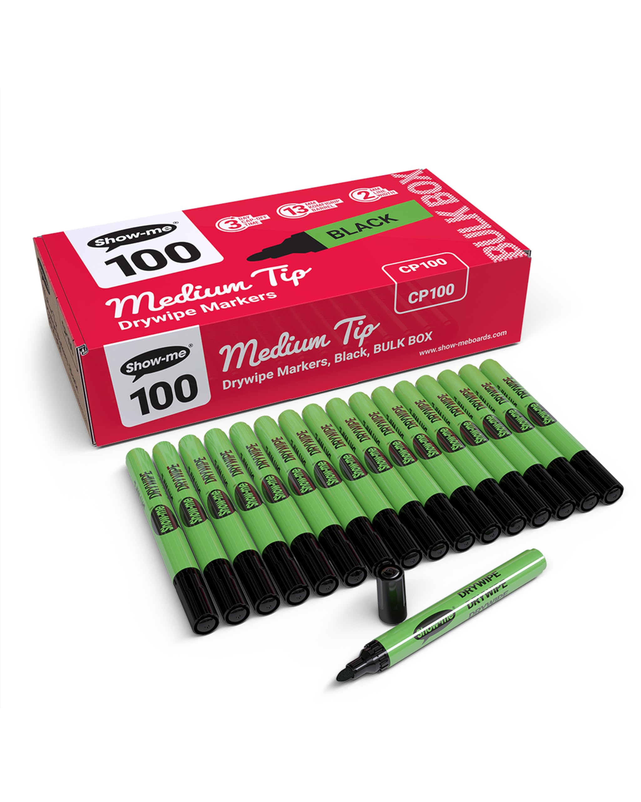 SHOW-ME - Whiteboard Markers | Drywipe, Erasable Black Medium Tip 2mm Line | Classroom Board Writing Pens with 3-Day Cap-off, Box of 100