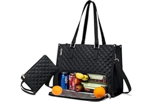 LEISENOR Lunch Tote Bag for Women, 15.6 Inch Laptop Work Bag with Insulated Lunch Box Compartment & Purse Large Capacity Quilted