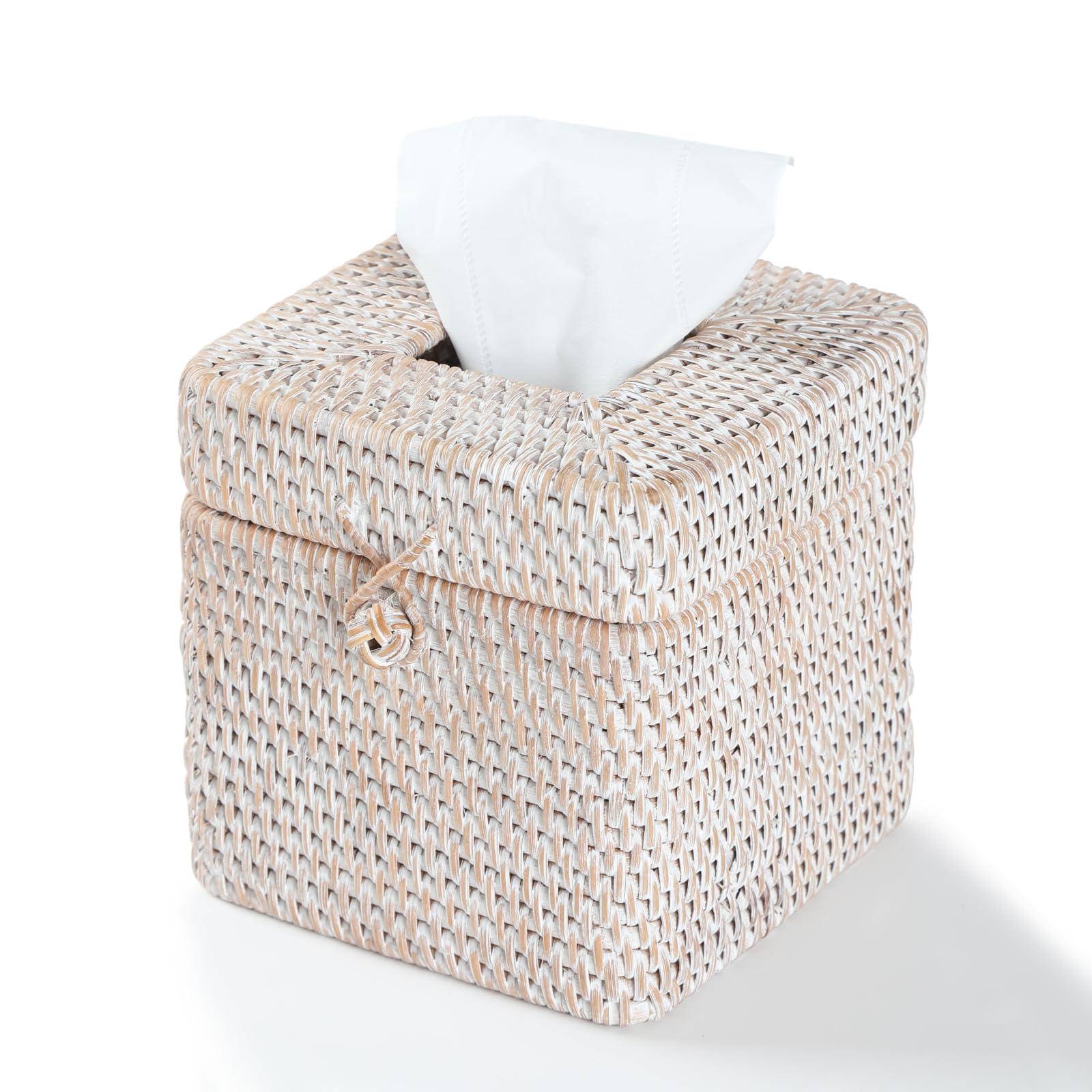 Rattan Square Tissue Box Cover, 5.7" x 5.7" x 5", Decorative Woven Facial Tissue Holder with Hinged Top Lid, Whitewash