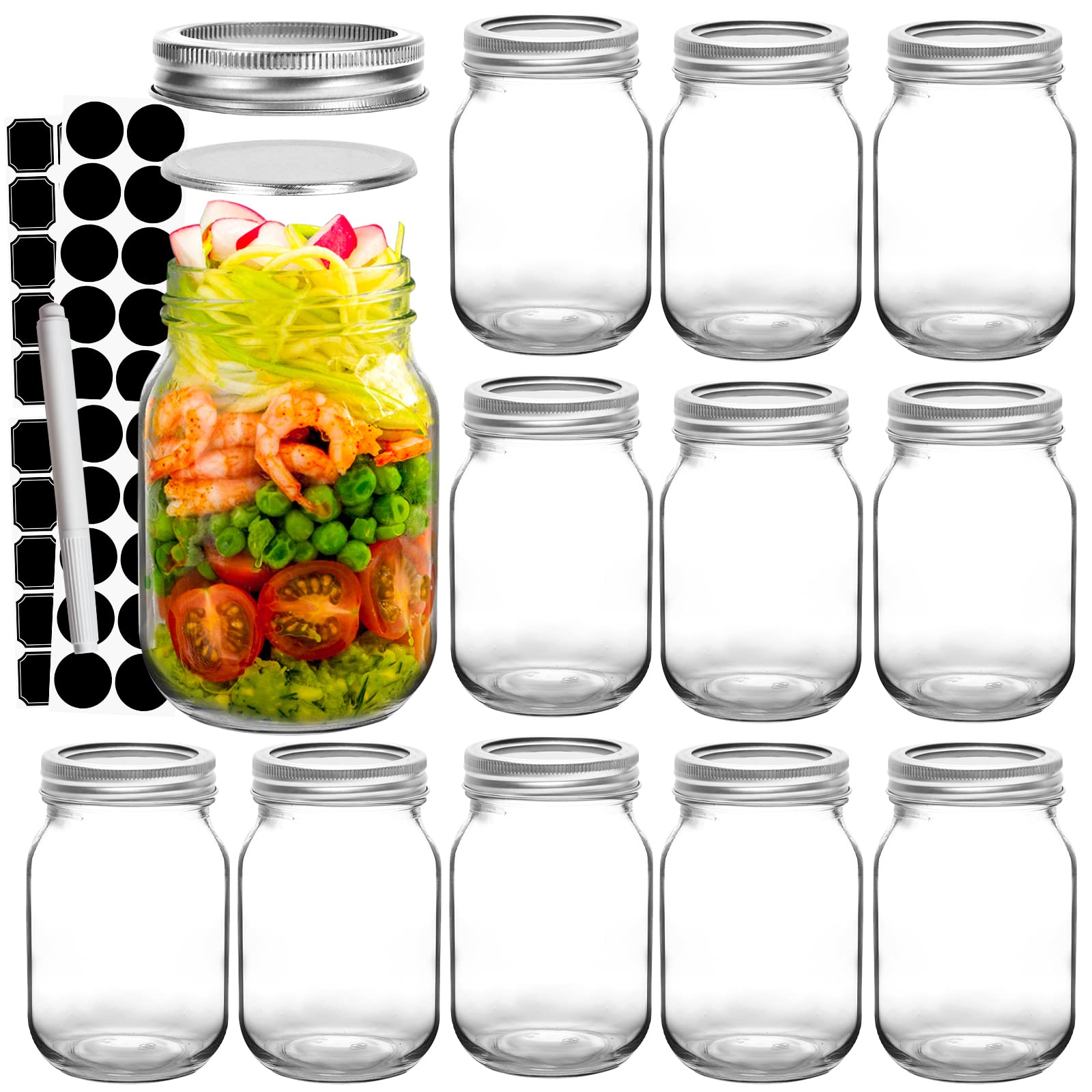 Photo 1 of Haneye 16 oz Glass Mason Jars, 12 Pack Clear Glass Jars with Regular Lids, Canning Jars for Honey, Yogurt, Wedding Favors, Food Storage, Vegetables, Includes 40 Black Labels