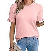 EVALESS Women's Short Puff Sleeve Knit Tops 2026 Trendy Crewneck T Shirts Casual Summer Clothes