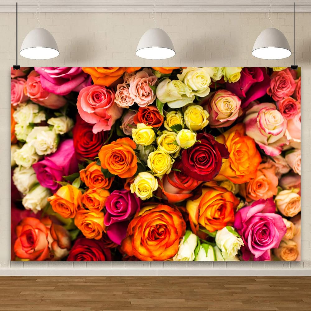 Photo 1 of YongFoto 10x8ft Vinyl Flower Backdrop Lush Blossom Red Orange Floral Beautiful Photography Background for Couples Wedding Anniversary Marriage Ceremony Mother's Day Portrait Photo Studio Props