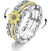 VONALA Filigree Sunflower Fidget Rings for Anxiety 925 Sterling Silver Sunflower Cross Moonstone Moss Agate Spinner Rings for Women Anti Stress Mood Rings Gifts Band Wide