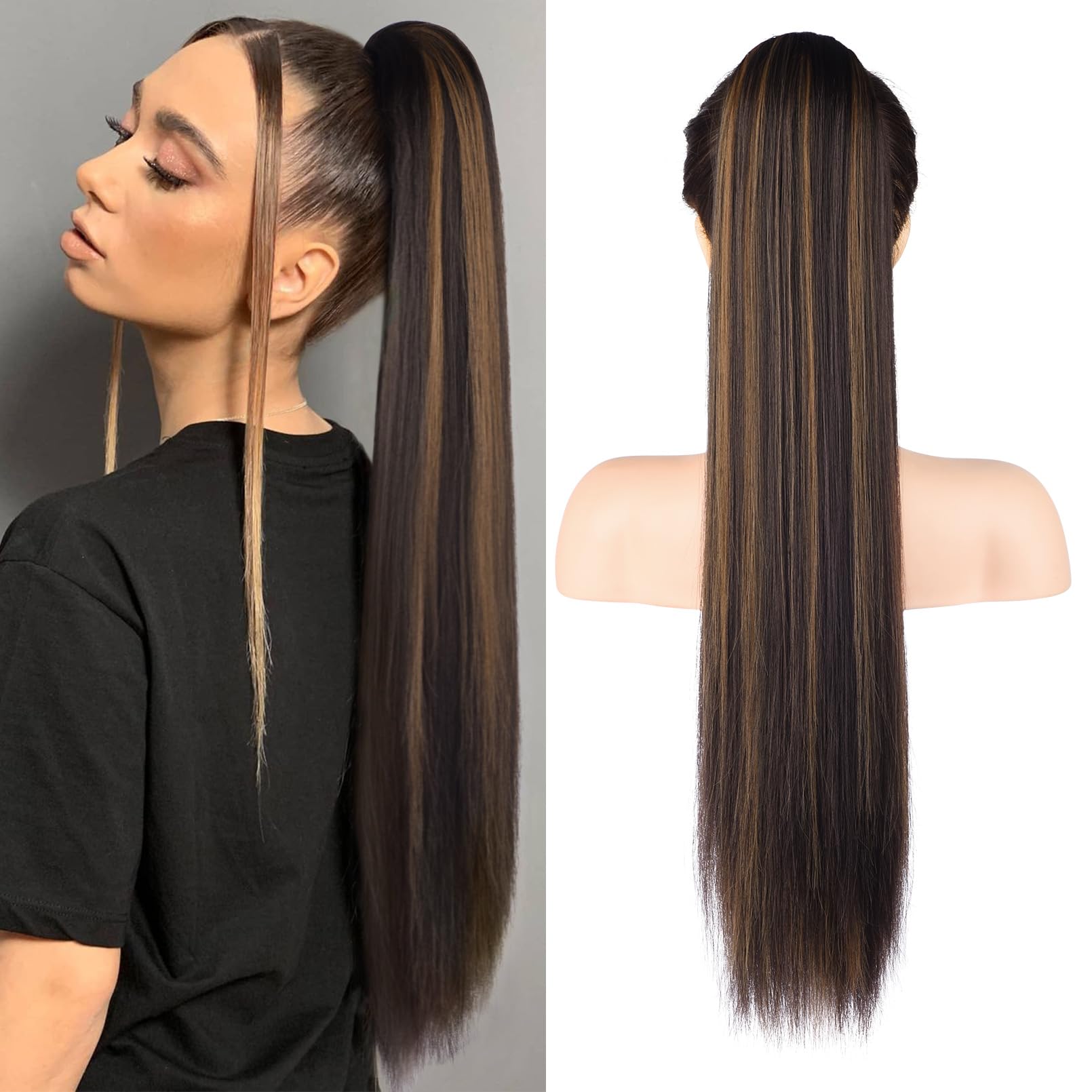 REECHO Ponytail Extension, 28" Long Straight Drawstring Pony Hair Extension Synthetic Pony Tail Hairpiece for Women — image 1