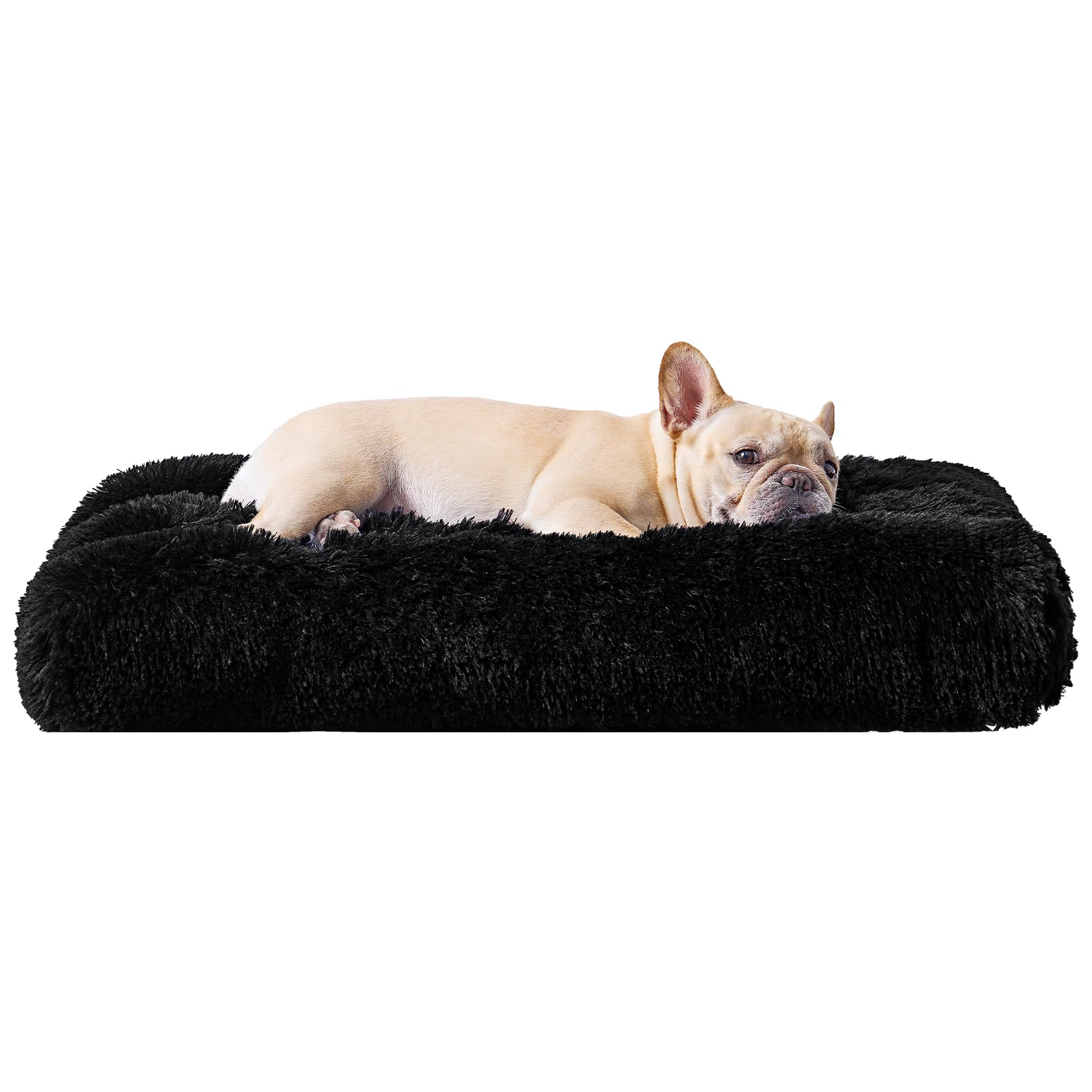 EHEYCIGA Fluffy Dog Crate Bed Medium, Calming Anti Anxiety Pet Bed Washable, Dog Mat Mattress for Crate with Anti-Slip Bottom, Black, 75x50x7.5cm