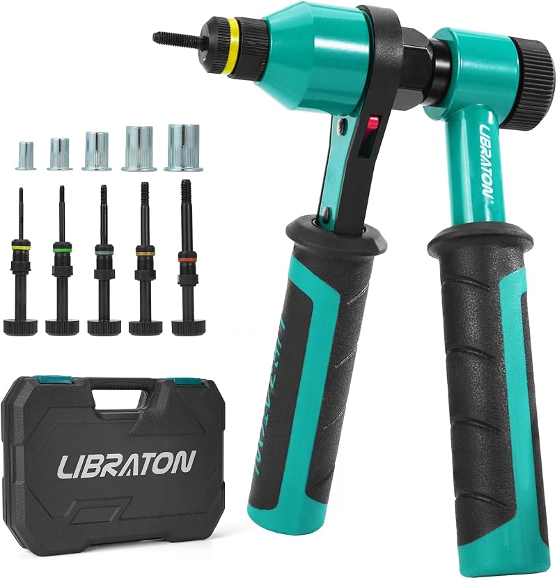 LIBRATON Rivet Nut Tool Kit 5 Mandrels 5 Nut Heads 50 Rivet Nuts Carry Case