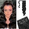 Flufymooz 4PCS Half Up Half Down Ponytail Extension Set, Fake Ponytail Soft Synthetic Hairpiece for Women, Long Thick Clip in Hair Extensions Wavy Fuller High Wrap Around (Black Brown 22In)