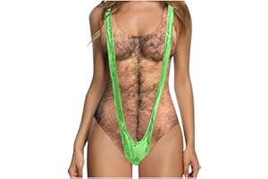 Womens Funny One Piece Swimsuit Hairy Chest Printed Novelty Bathing Suits Sleeveless Bikini Swimwear Borat Trendy Swimsuits