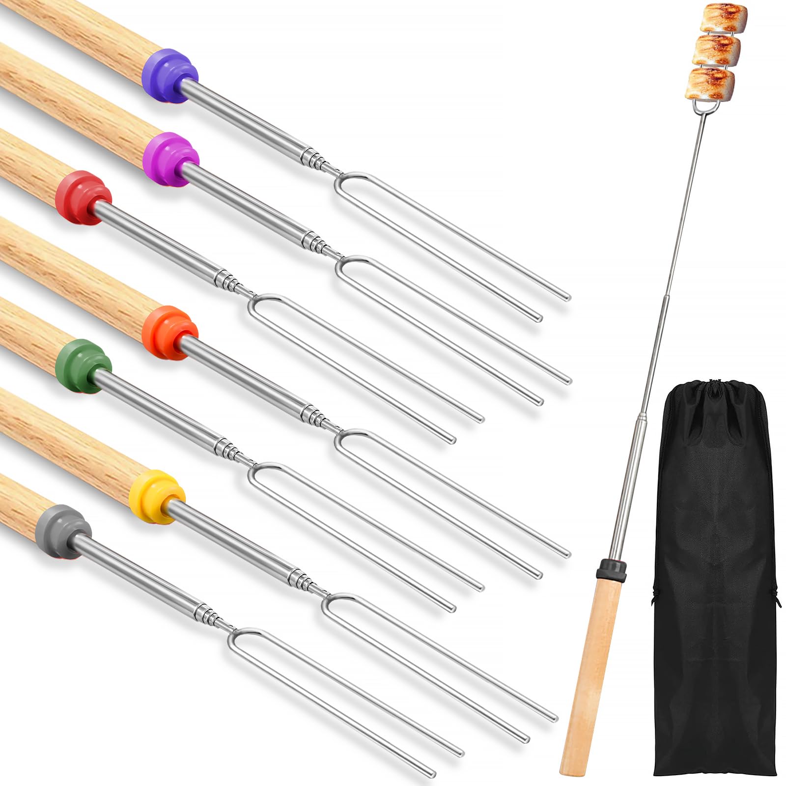 HXUING Pack of 8 Telescopic Barbecue Skewers Stainless Steel Barbecue Skewers Telescopic Marshmallow Skewers Extendable Sticks Roasting Sticks Kebab Skewers for Camping Barbecue, Garden Party
