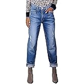 Flamingals Striaght Leg Jeans for Women Mid Rise Boyfriend Ripped Wash Roll Hem Cropped Jeans