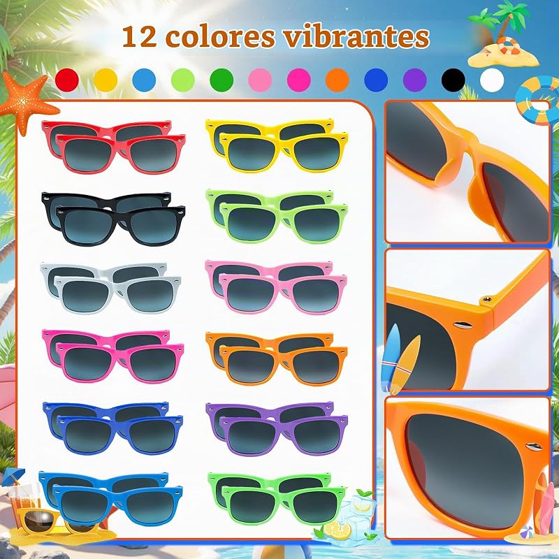 24 Pack Gafas de sol Colores neón，24 unidades para niños, regalos de fiesta, para hombres y mujeres, ideales para verano, playa, piscina, cumpleaños y actividades al aire libre