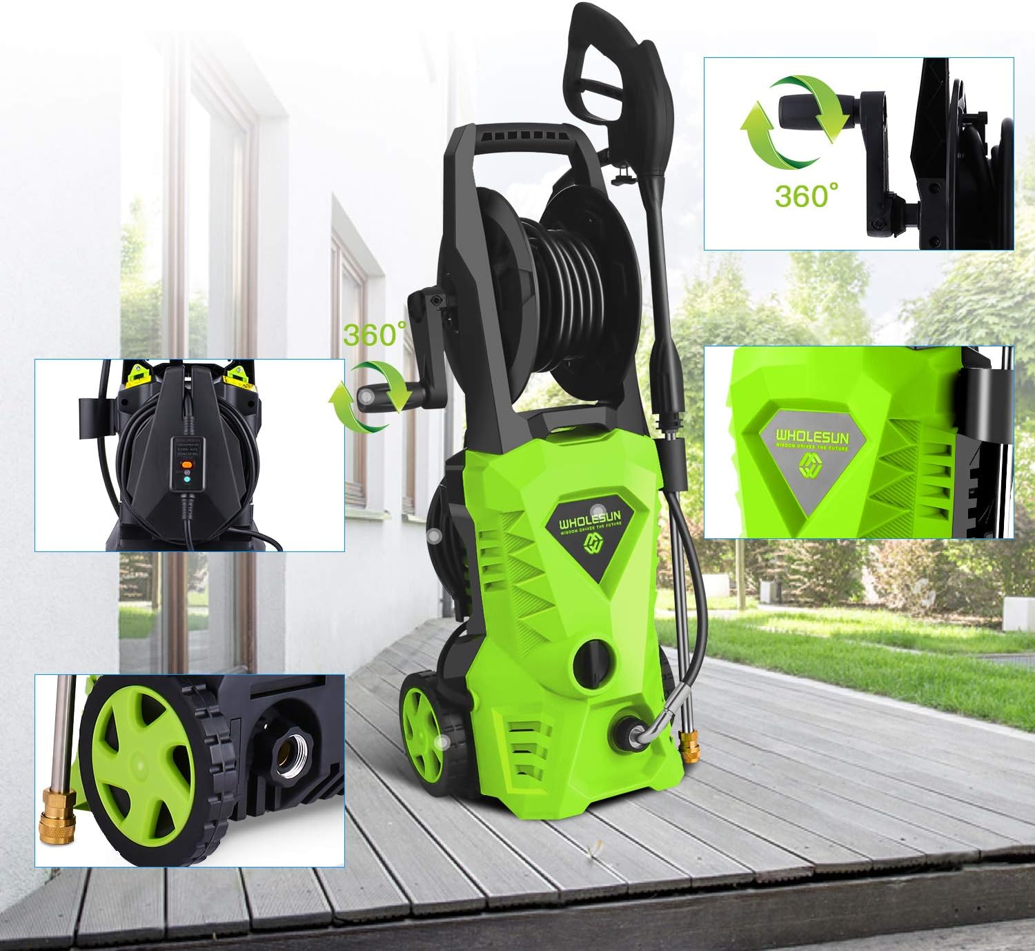 WHOLESUN 3000PSI Electric Pressure Washer 2.4GPM 1600W Power Washer with Hose Reel and Brush Green : Garden & Outdoor