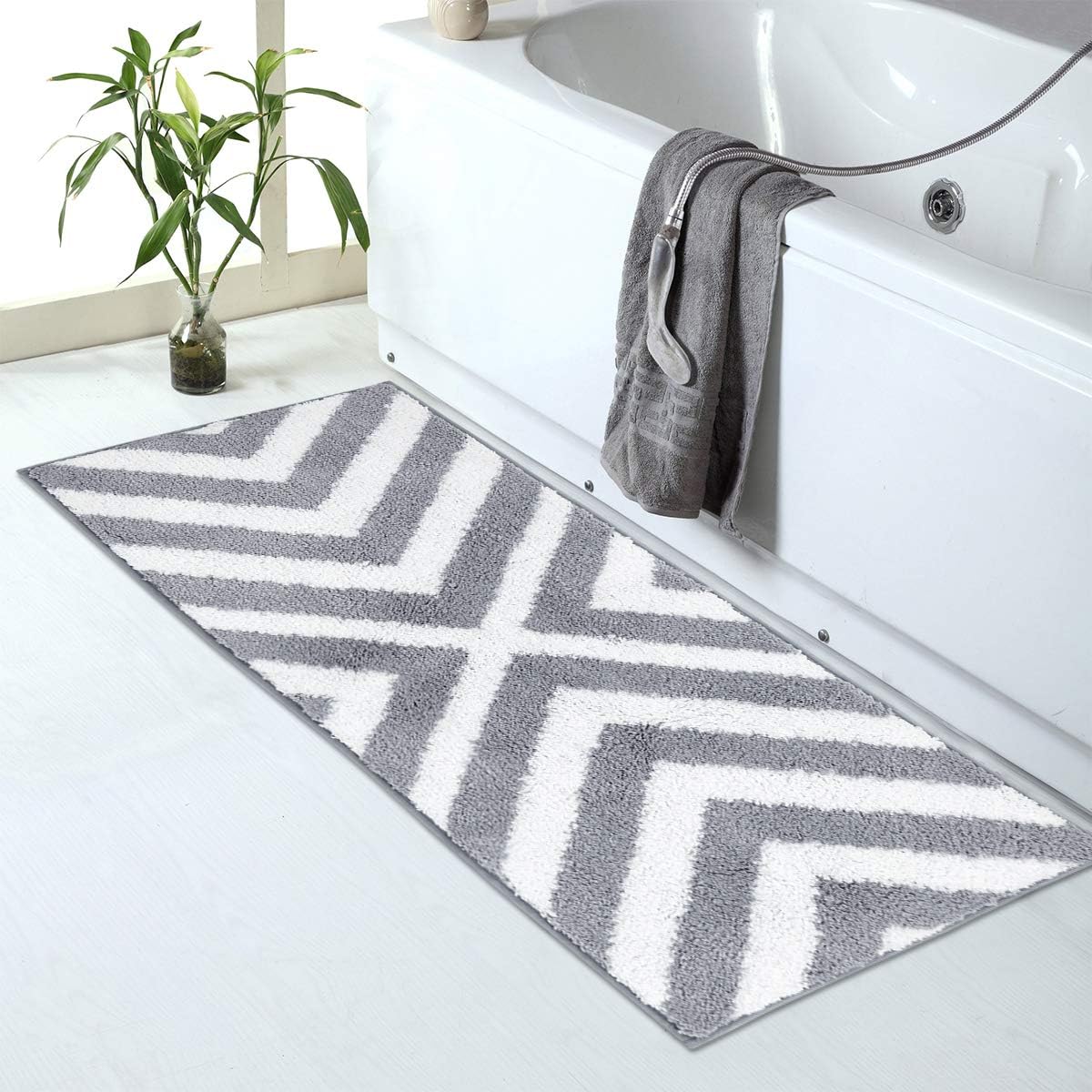 Amazon Com Shaggy Bath Rugs Anyshock Gray Bath Mat Microfiber Velvet Runner Rug Non Slip Geometric Bathroom Rug 18x47 Inch Throw Rug For Kitchen Washroom 18x47 Inch Kitchen Dining