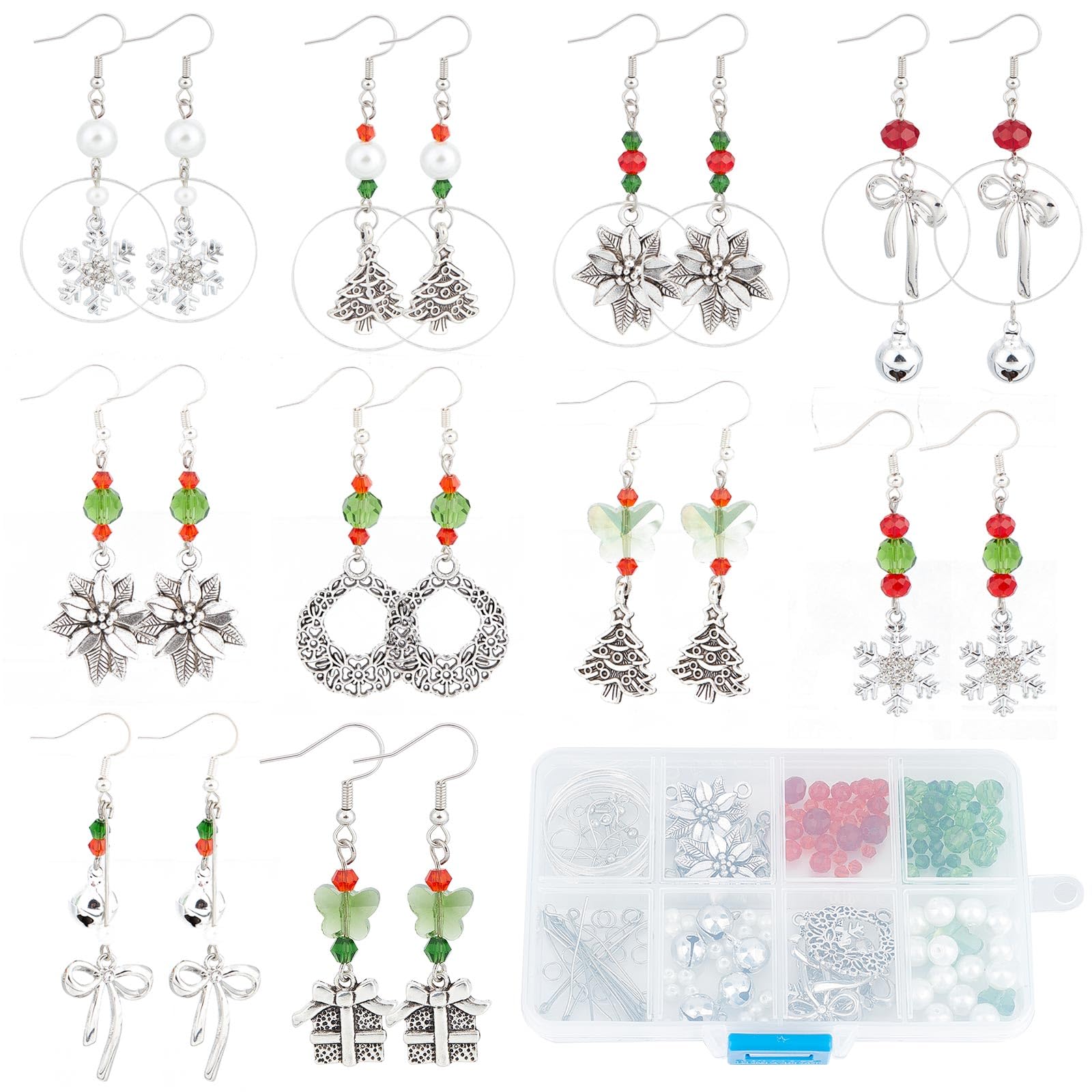 SUNNYCLUE 1 Box DIY 10 Pairs Christmas Charms Red Green Glass Beads Earrings Making Starter Kit Tibetan Style Antique Silver Snowflake Charms Christamas Tree Charms for Jewellery Making Kits Women — image 1