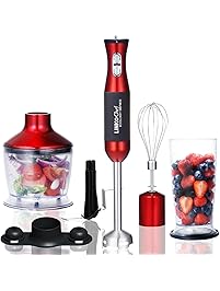 Immersion Blender LINKChef 4-in-1 Hand Blender Stick Powerful Low Noise Large 800ml Beaker, Stainless Steel Whisk and 500ml Food Chopper, BPA-Free&FDA, Red/Black(HB-1230)-3 Years Warranty