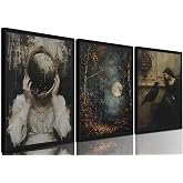 Framed Gothic Dark Academia Wall Art Set of 3, Vintage Moody Witch Raven Pictures Wall Decor, Halloween Spooky Full Moon Forest Paintings Canvas Prints for Living Room Bedroom Bathroom 12x16 inch