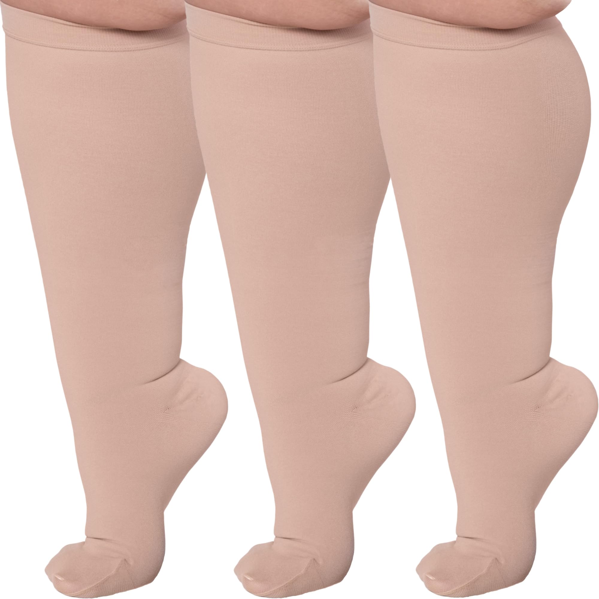 Photo 1 of (3 Pairs) Plus Size Compression Socks for Women and Men 15-20mmHg - Wide Calf Compression Support Socks for Nurse, Travel, Flight, Airplain, Work, Running, Sports, Workout - Beige, 6X-Large