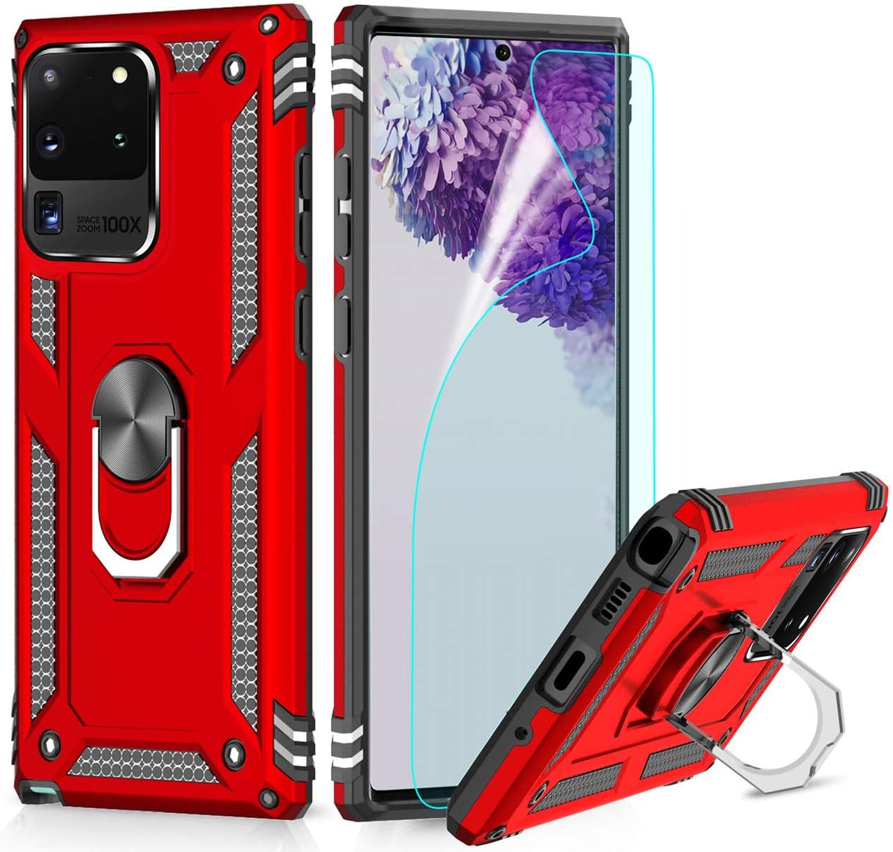 Case for Samsung galaxy S20 Ultra with Magnetic Ring Holder [1 Pack] HD Screen Protector, Full Body Protective Silicone Gel Tough Armour Phone Cover for Samsung galaxy S20 Ultra (S20 Ultra_Red)