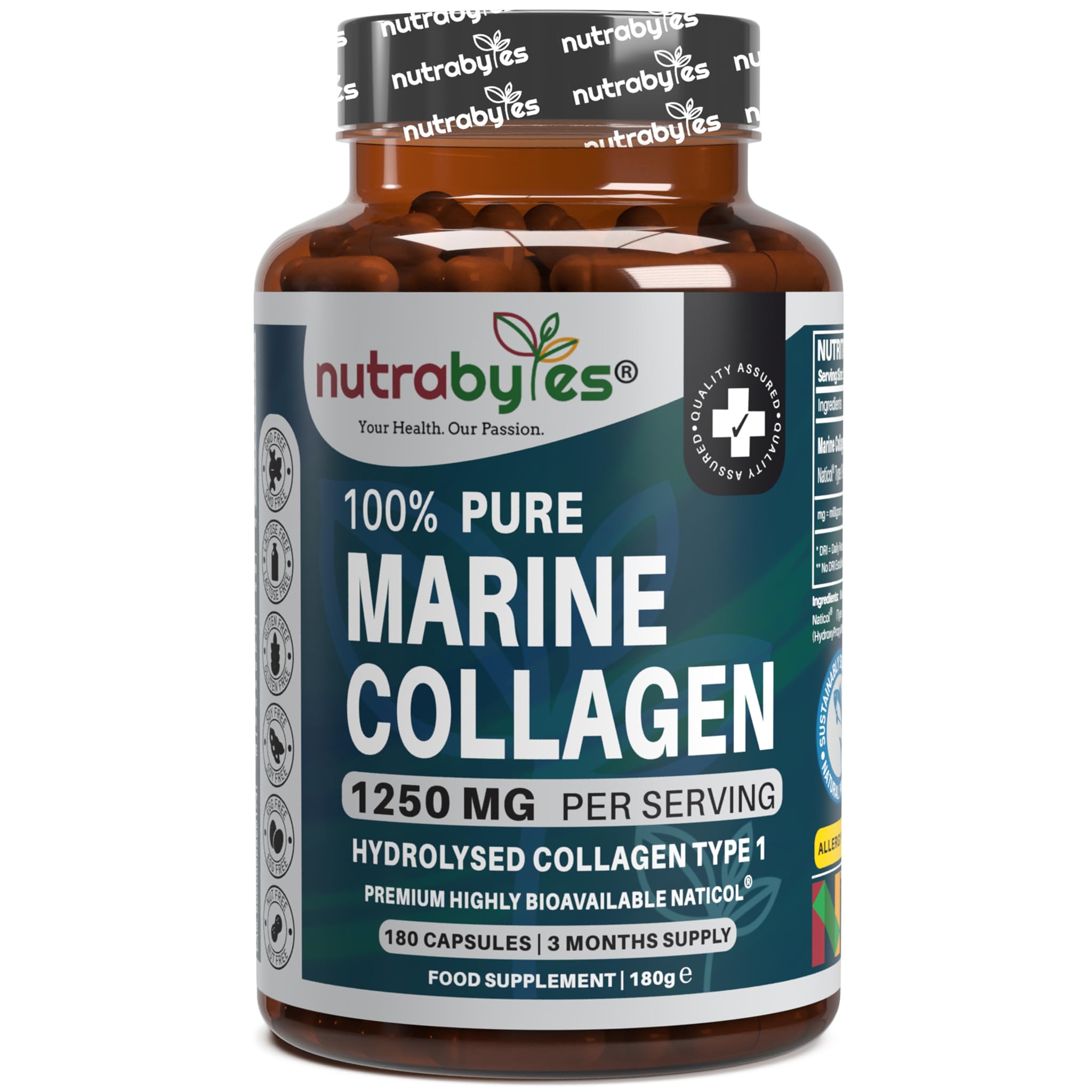 Nutrabytes 100% Pure Marine Collagen Supplement, 1,250mg (180 Capsules) | Type 1 Hydrolysed Collagen Peptides for Skin, Hair, Nails & Joints | Supplement for Men and Women | 3 Month Supply