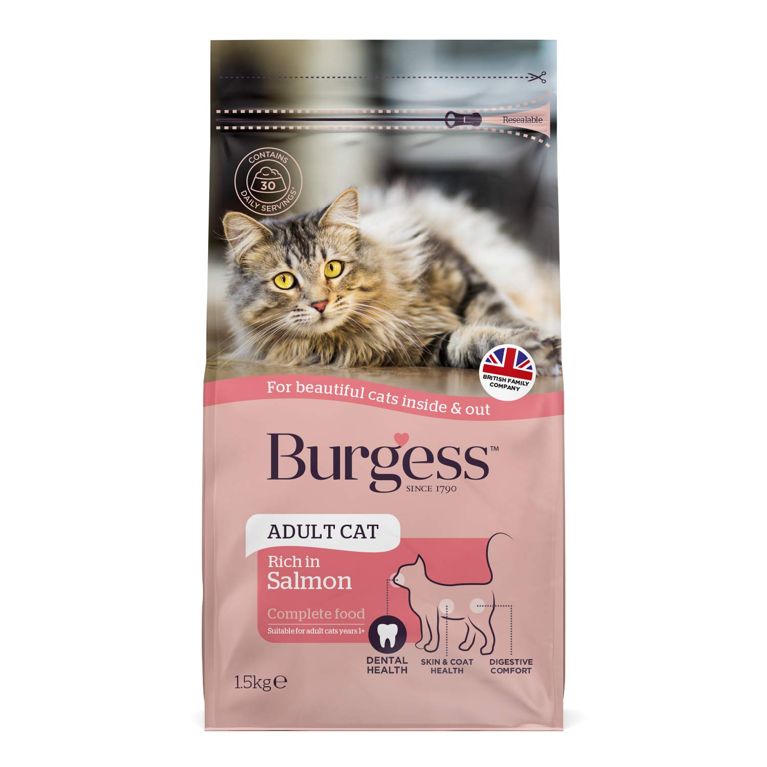 Burgess Dry Cat Food for Adult Cats Rich in Salmon, 1.5 kg