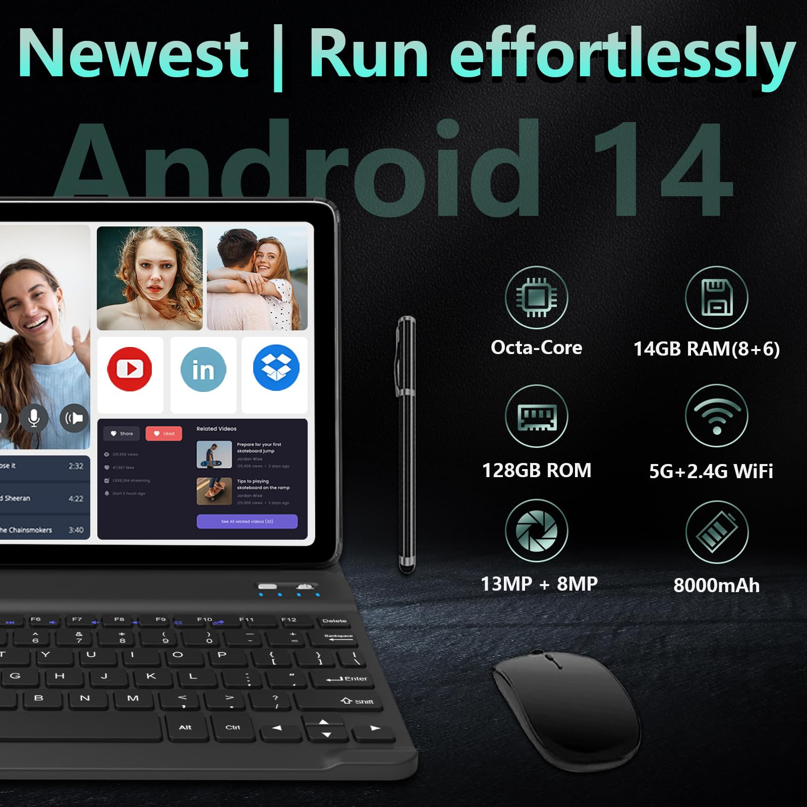 Android 14 Tablet 10 Inch, 4G Cellular Tablets, Octa-Core, 128GB Storage + 14(8+6)GB RAM/ 1TB Expandable, 5G WiFi, 8000mAh Battery, Bluetooth 5.0, 13MP+8MP Camera, Tableta with Keyboard/Case Kit, Gray