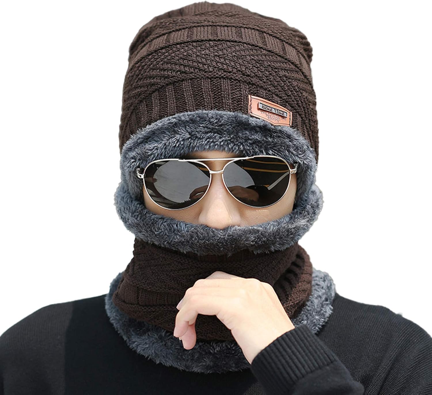 Winter Hats 2 in 1 Knit Beanie Hat Neck Warmer Set Outdoor Skull Cap Neck Gaiter Men