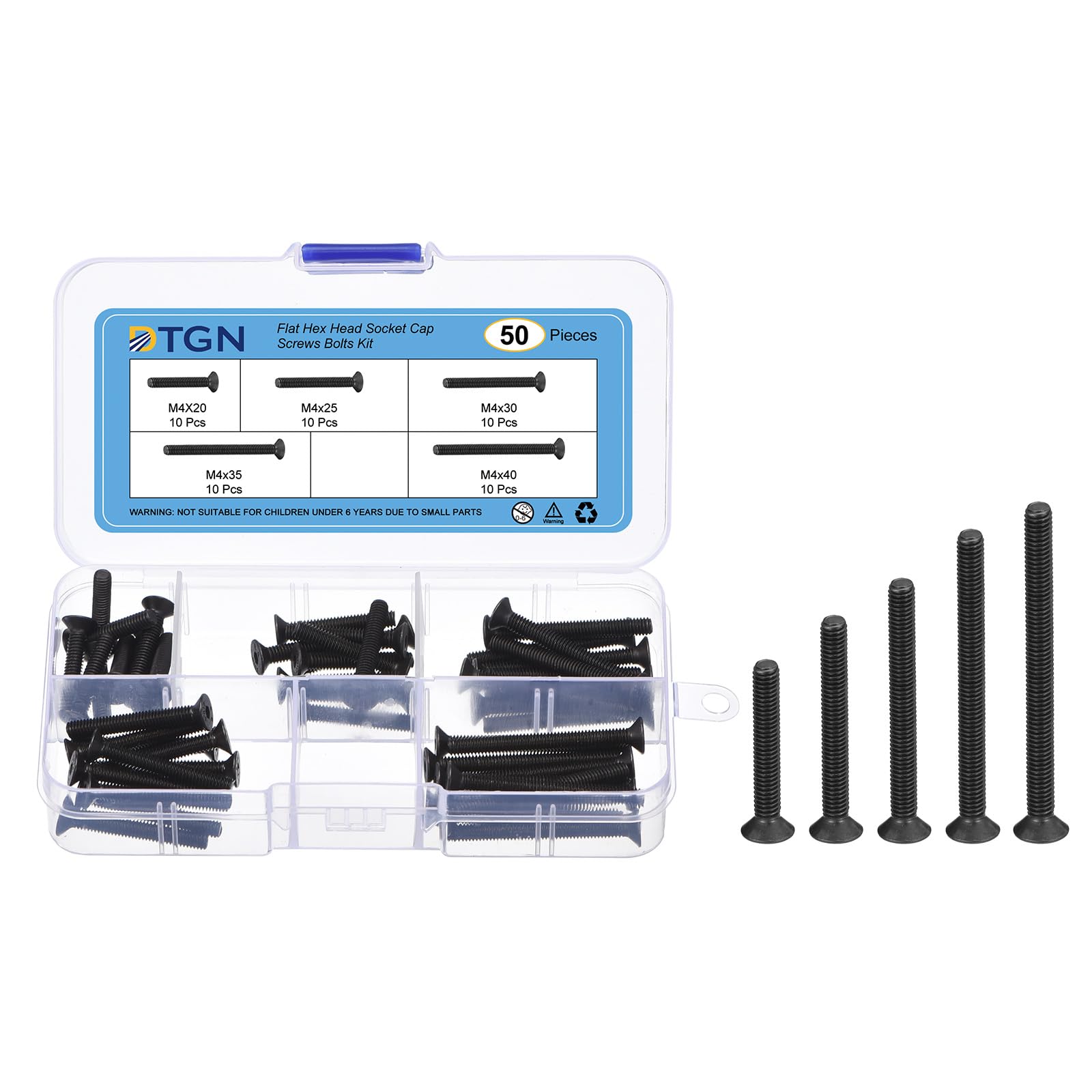 DTGN 50Pcs M4 x 20mm /25mm /30mm /35mm /40mm Flat Head Hex Socket Cap Screws Bolts Kit, Carbon Steel Black Oxide, Full Thread, Countersunk Bolts