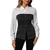 winkbay Women's Striped Color Block Shirt Button Down Collared Long Sleeve 2 in 1 Blouse