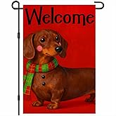 HOMETITUTE Christmas Garden Flag 12x18 Inch Winter Dog Garden Flag Festive Dachshund Puppy in Red Green Scarf Outdoor Yard Banner Welcome Winter Flags Patio Lawn Seasonal Holiday Home Decor