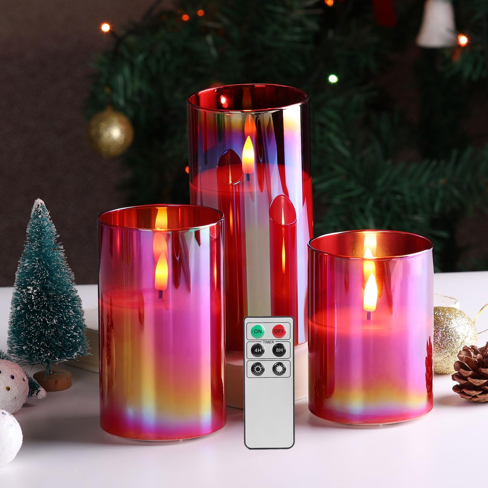 Photo 1 of Eywamage Red Glass Flameless LED Pillar Candles with Remote, Real Wax Flickering Battery Candles Set of 3