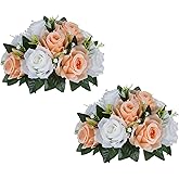 BLOSMON Flower Ball Centerpieces for Tables: 2pcs 9.5 Inch Peach Fuzz Fake Rose Flowers Kissing Balls Artificial Wedding Floral Arrangements Silk Bouquet with Base Home Party Room DIY Decorations