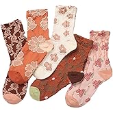 FEEZUSH 5 Pairs Socks with Lace Ruffled, Embroidered Floral Cotton Socks Suitable for Women Girls Size 5-9