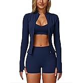 3 Piece Workout Sets for Women High Waisted Seamless Shorts Crop Top Jacket Gym Yoga Outfit Stretchy Sports Bra Set