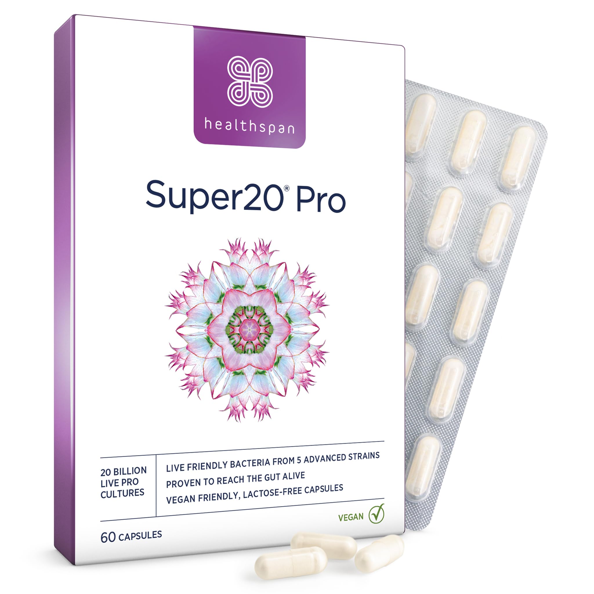 Healthspan Super20 Pro Supports a Healthy Gut (60 Capsuels) | Probiotic with 20 Billion Live Friendly Bacteria | from Five of the Best strains | Promotes Friendly Bacteria in Your Gut | Vegan