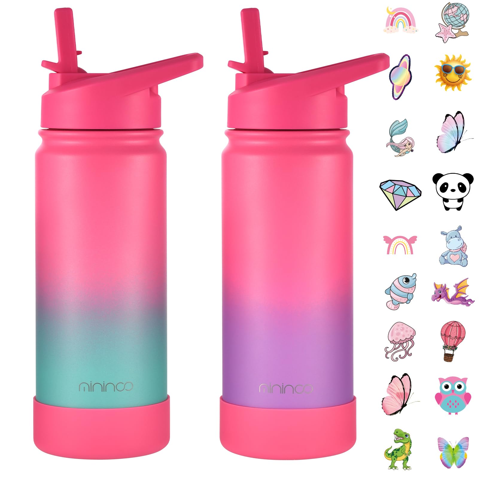 Mininoo Girls Water Bottle for School, 16oz Stainless Steel Insulated Metal Water Bottle with Straw Lid for Boys (2 Pack) Image