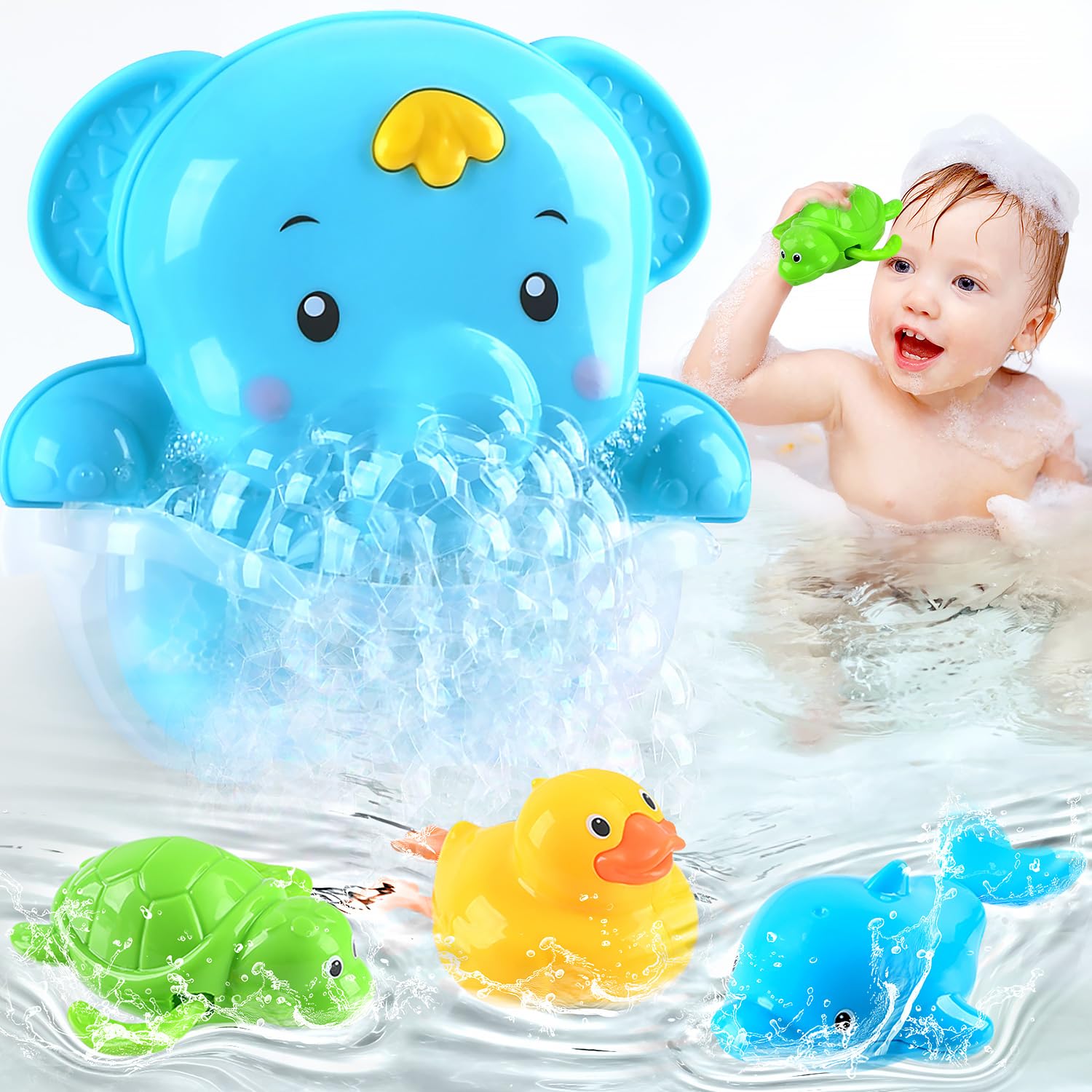 Photo 1 of 4 in 1 Elephant Bubble Bath Toys - Ages 1-3 & 4-8, Bathtub Bubble Machine & Swimming Toys for Toddlers 3+