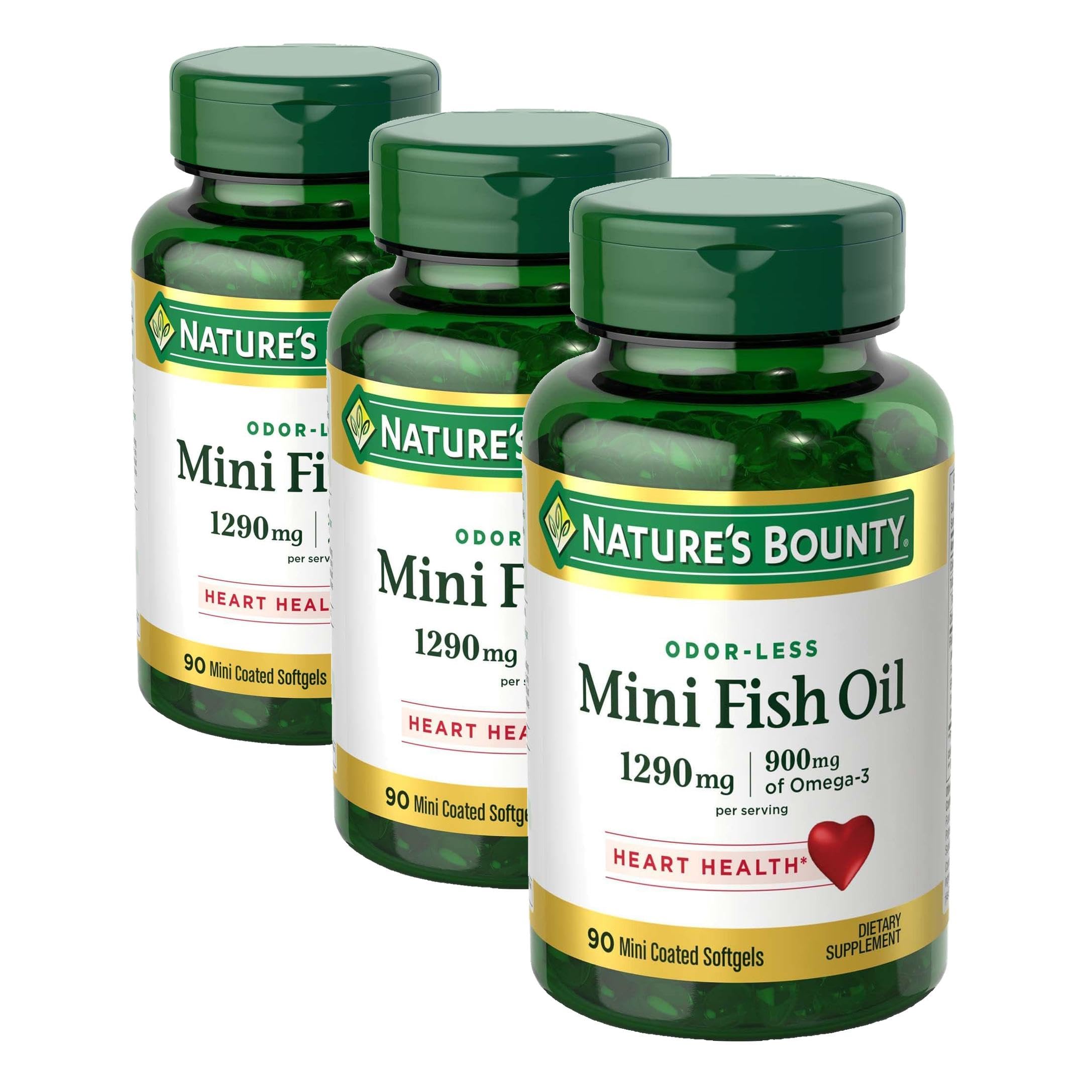 Nature's Bounty Mini Fish Oil Softgels, Burpless Fish Oil Omega 3 Supplements, Supports Heart Health, 90 Softgels (Pack of 3) Image