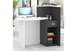 ECACAD Reception Desk with Lockable Drawer and Open Shelves, Office Desk Reception Counter Table, Dark Grey and White (50”W x 22.2”D x 43.3”H)