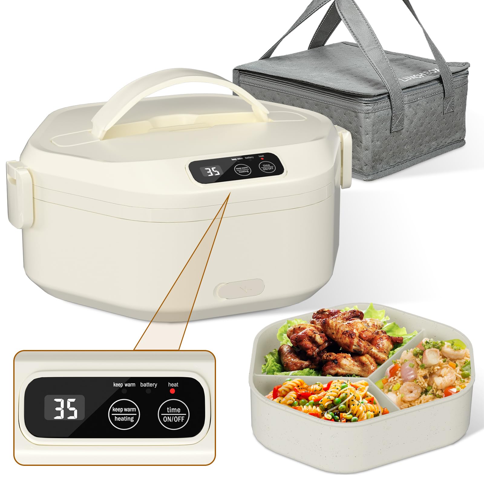 Photo 1 of Chloraeon Cordless Electric Lunch Box, 1L Heated Lunch Box, 16000mAh Battery Powered, Fast Heating, 3-Compartment Tray, Portable for Car, Truck, Office, Camping