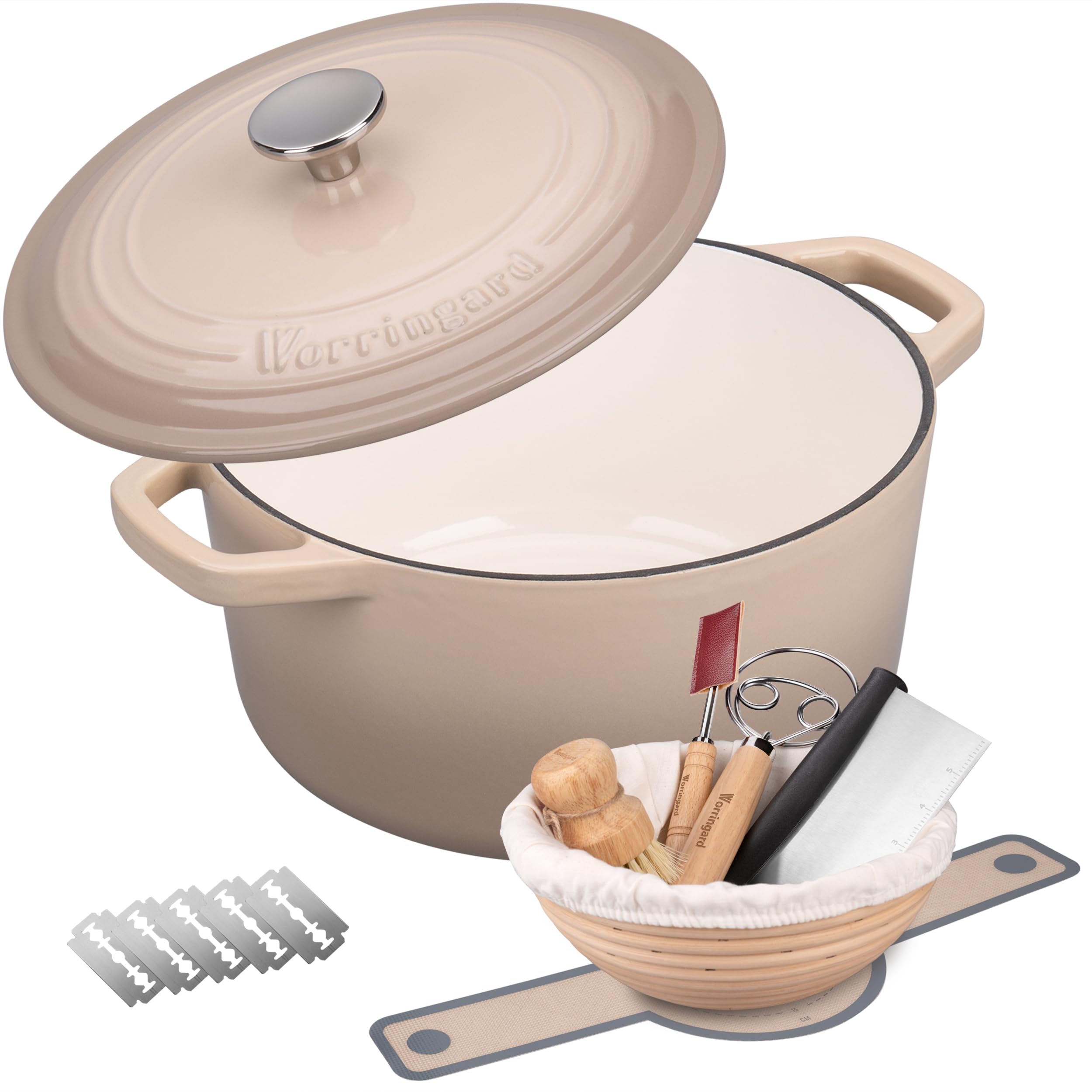Photo 1 of **POT CRACKED AND LARGE CHIP/PARTS ONLY**** VORRINGARD Enameled Cast Iron Dutch Oven Pot with Lid, for Bread Baking, Round Bread Oven- include Sourdough Bread Baking Supplies Set, 6QT, Latte