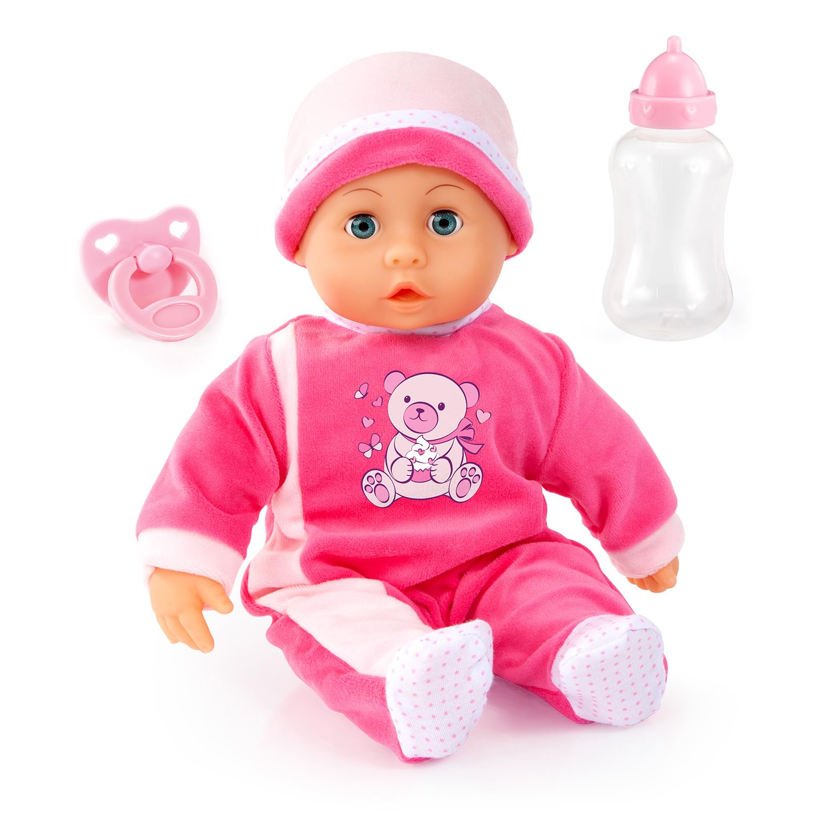 Bayer Design 93824BM Baby Doll Interactive, function, talking, with sounds, soft body, 38cm, bottle and pacifier