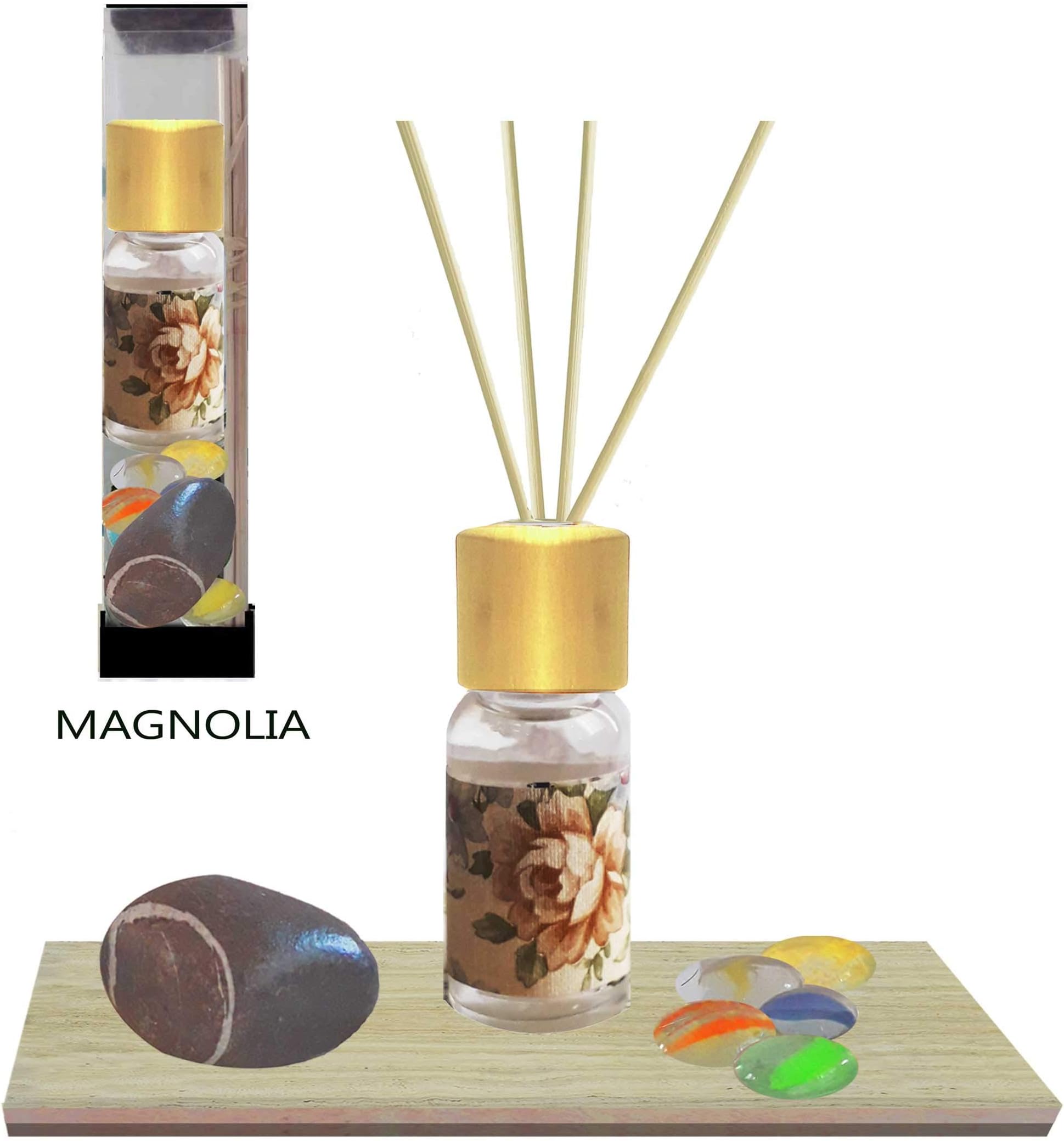 Reed Diffuser “Aqua Magnolia” ceramic tile River stone Glass Gems Vintage Bottle Tabletop Garden, essential oil Magnolia diffuser Aromatherapy Meditation Yoga Gift box Christmas