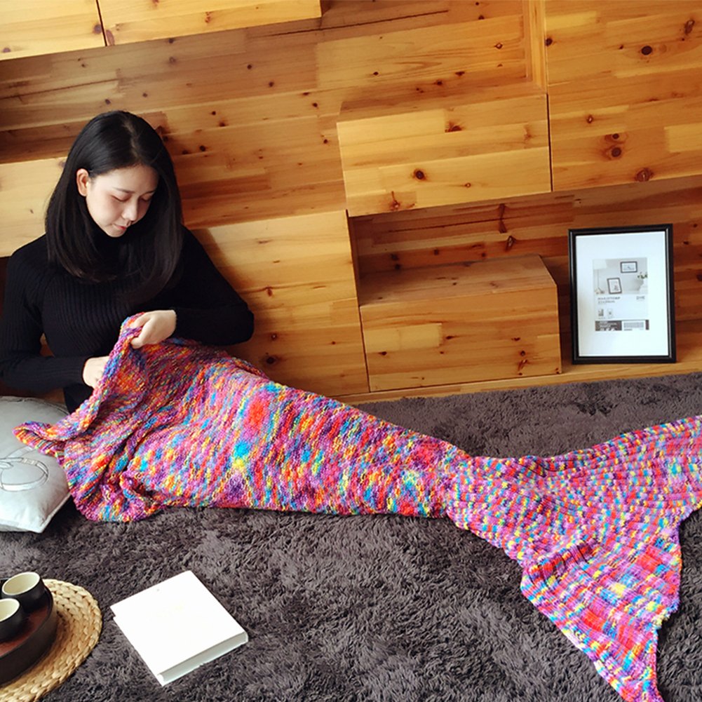 Awkli Warm Mermaid Tail Blanket Crochet Super Soft Comfortable Suitable for All Seasons Sofa Blankets Gift for Christmas, Halloween, Thanks Giving Day, Valentine\'s (Colorful)