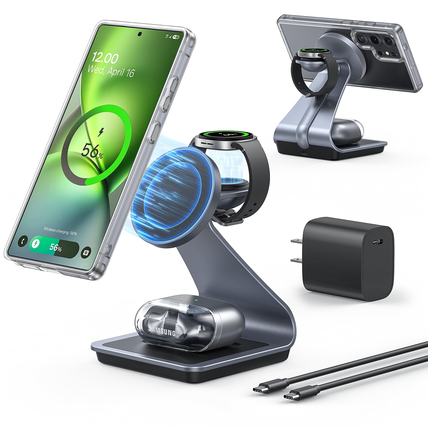 Magnetic Wireless Charger for Samsung, 3 in 1 MagSafe Charging Station Aluminum Charger Stand for Galaxy S26/S25/S24/Ultra/Plus/Z Fold7/Flip7, Watch Charger Stand for Galaxy Watch Ultra 8 7, for Buds