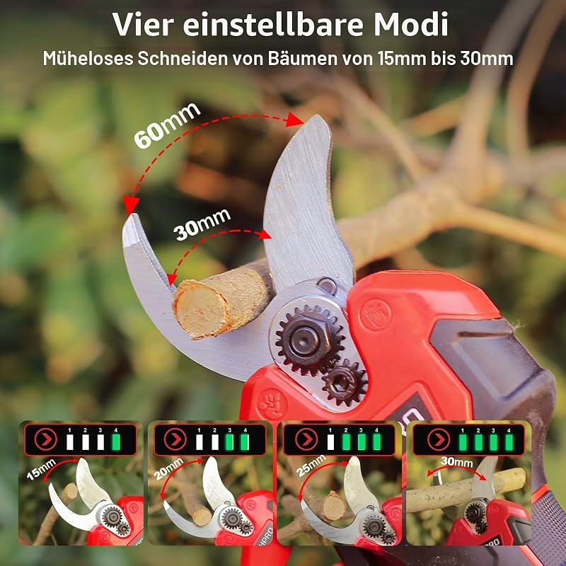 Akku Astschere, MHPRO 30MM Elektrische Gartenschere mit 2 Akkus 2000mAh, 600W Bürstenloser Motor Bypass Baumschere, Garten Schere mit LCD-Elektrische Baumschere-für Garten Äste Obstgärten, Rot