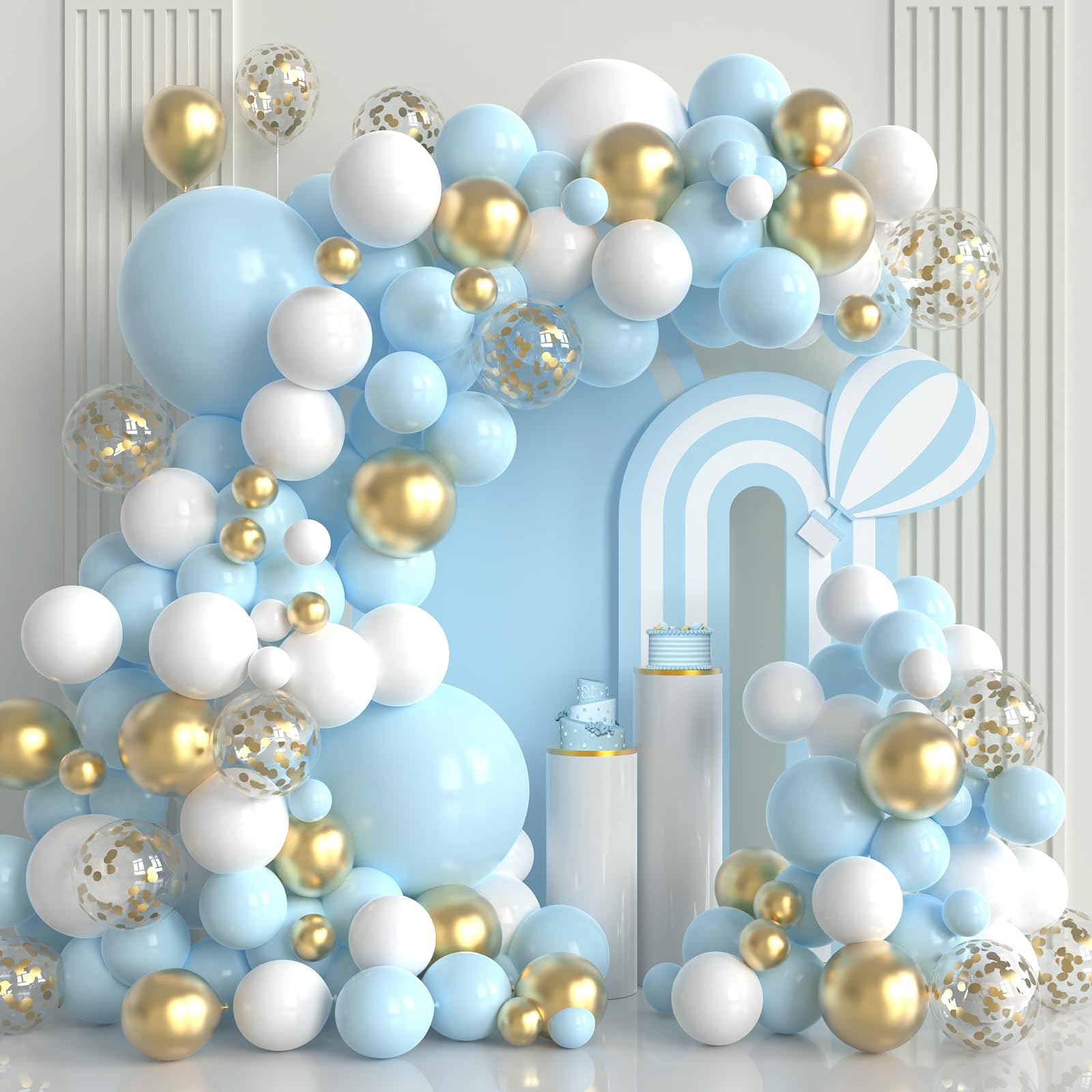 Photo 1 of Blue and White Gold Balloons,100 pcs Blue White Gold Balloon Garland Arch Kit Metallic Chrome Gold Ballons with Macaroon Blue White Latex Balloons for Wedding Bridal Shower Baby Shower Decoration