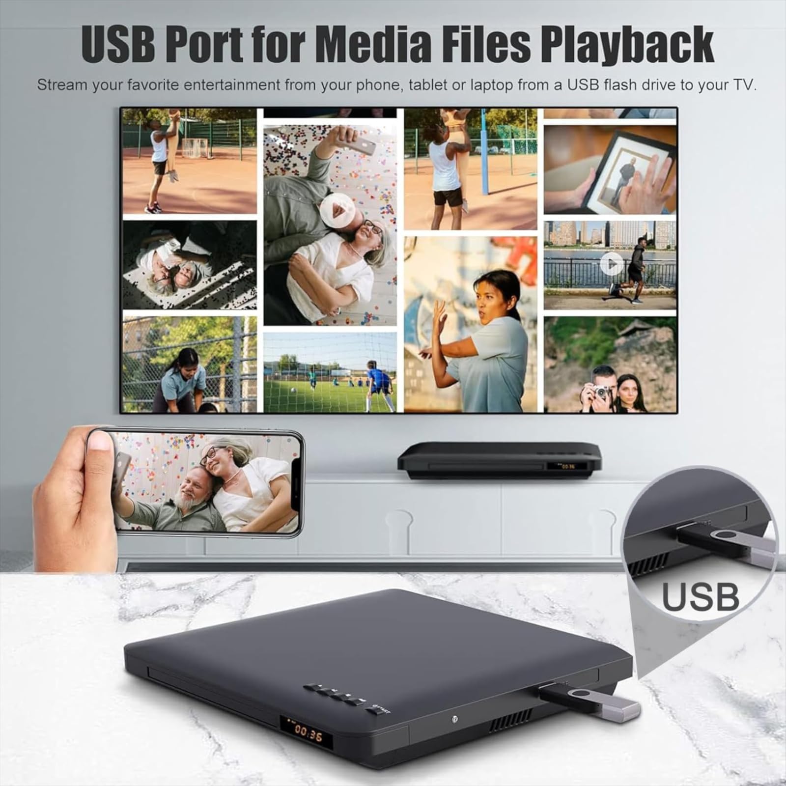 Ultra Slim DVD Player, Thinnest HDMI AV DVD Players for TV, 0.6 Inch Design with Region Free & Colourful HD Pixels, Supports USB Playback, NTSC/PAL DVD Player with HDMI & RCA Cables, Remote Control.