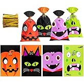 Fohil 200 Pcs Halloween Candy Bags, Halloween Treat Bags with Twist Ties, Halloween Goodie Bags for Cookie Snack Popcorn, Tri
